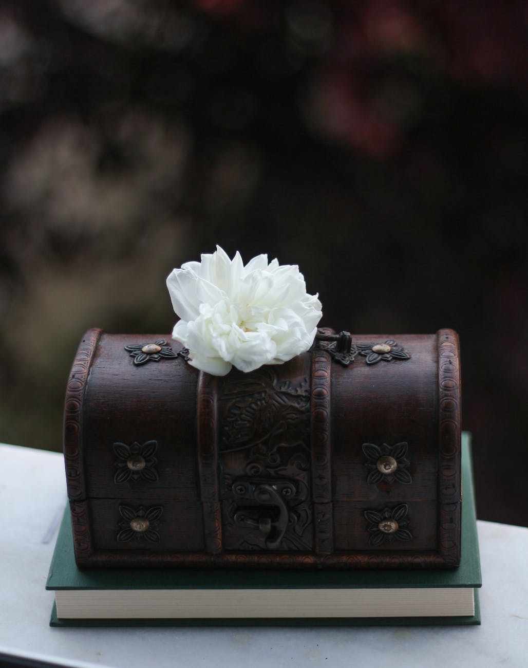 a white flower on a wooden chest